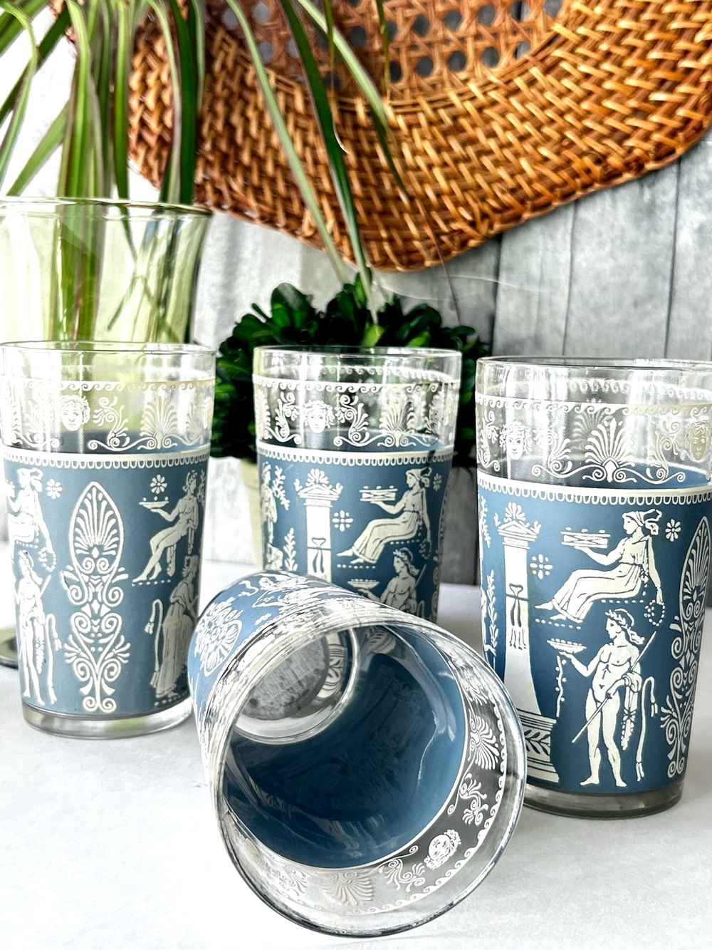 🌴Lovely Greek Style Set of 4 Corinthian Blue Highball Tumbler